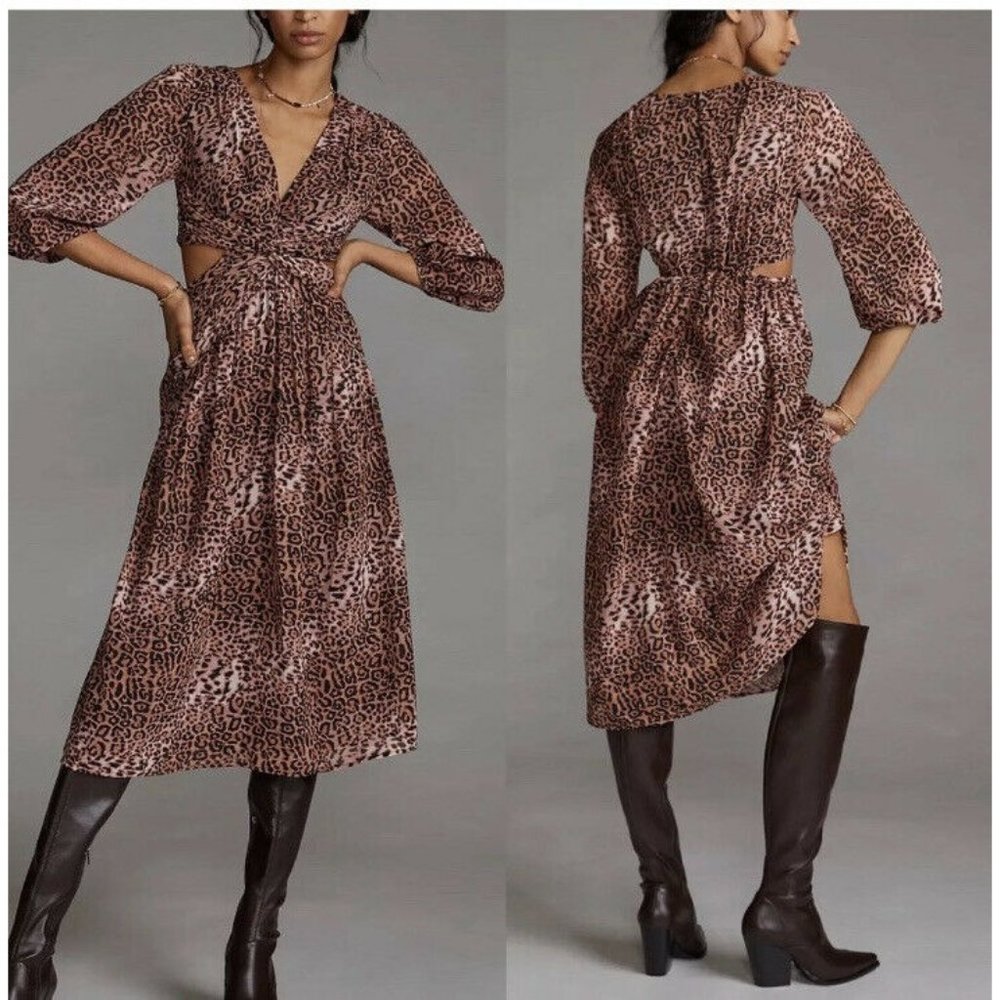 Ranna Gill Anthropologie Animal Print Floral Cutout Midi Dress XS Small New NWT
